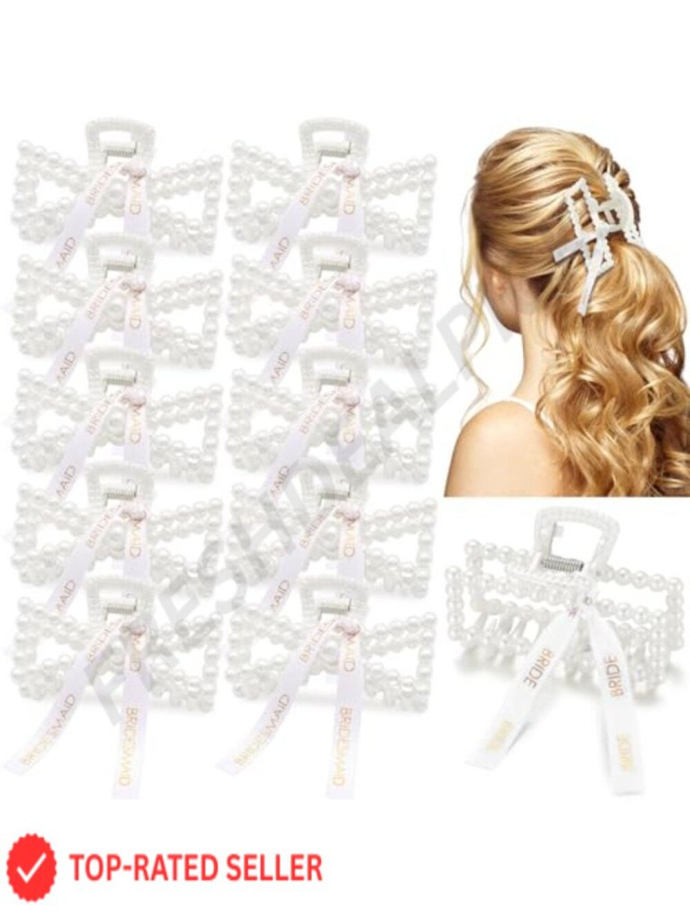11 Pc Bridesmaid Pearl Hair Claw Clips Set 3.15 Inch ABS Resin with Ribbon